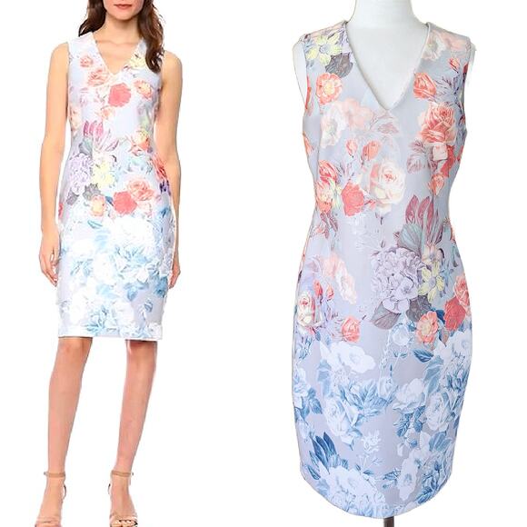 CALVIN KLEIN Floral Sleeveless Scuba Crepe Sheath Dress Size 10 Gray Multi - Picture 1 of 13
